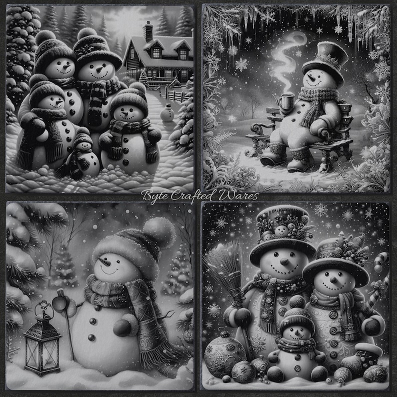 May include: A set of four black and white illustrations featuring snowmen in winter scenes. The images depict a snowman family, a snowman sitting on a bench with a hot drink, a snowman with a lantern, and a snowman family with ornaments.