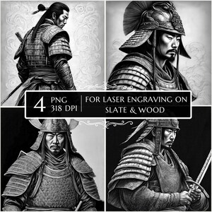 4 Samurai Warrior PNG, Japan Laser Engraving File, Slate Board Coaster, Japanese warrior CNC Projects, Glowforge, Lightburn, Illusion Laser