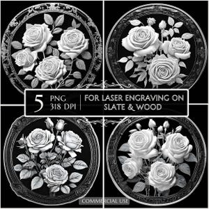 Vintage White Roses, 3D Illusion Laser Engraving PNG, Etching File for Slate Coaster, Glowforge File, LightBurn, CNC Engraving, xTool PNG