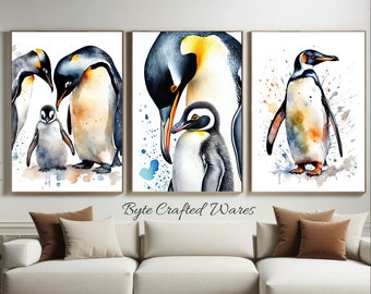 Penguin Watercolor Painting, Arctic Animal Family, Nursery Decor, Set of 3 Prints, Emperor Penguin Art, Baby Room Decor, Mother and Child