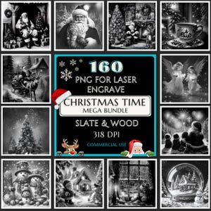 Puede incluir: Una colección de 160 imágenes PNG en blanco y negro para grabado láser. Las imágenes tienen temática navideña y presentan diversas escenas navideñas, incluyendo muñecos de nieve, Papá Noel, árboles de Navidad y paisajes invernales. Las imágenes son de 318 DPI y son aptas para uso comercial.