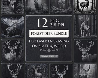 12 Deer in Forest PNG Laser Engraving Ready files, Laser burn PNG, Slate Coaster Design, Rustic Decor, CNC Glowforge file, Wildlife Engrave