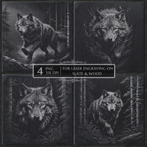 Wolf Hunter Forest PNG Laser Engraving Bundle, Slate Wood Coaster File, CNC Laser Cut, Glowforge Ready File, Wildlife Wolf Design