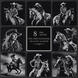 8 Cowgirl PNG Engraving Bundle, Laser Burn Western Files, Slate Etching Horse Design, Glowforge, Lightburn, CNC Projects Ranger cowboy Woman
