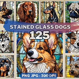 125 Stained Glass Dogs PNG Bundle - Glasmalereimuster, Stained Glass Dog Designs Sublimation - Hunde Clipart - Kommerzielle Nutzung, Hunde Kunst