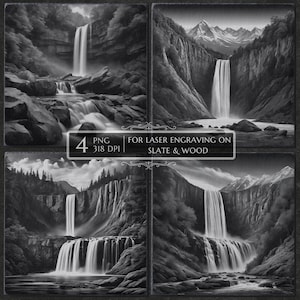 Mountain Waterfall PNG for Laser Engraving – Nature Landscape, Forest waterfall, Lightburn File, Slate Coasters, Laser Burn Design