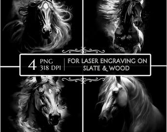 Puede incluir: Una colección de cuatro ilustraciones digitales en blanco y negro con caballos de crines fluidas. El texto dice 4 PNG 318 DPI FOR LASER ENGRAVING ON SLATE & WOOD y COMMERCIAL USE. Estos diseños de alto contraste están destinados a proyectos de grabado láser.