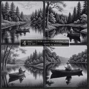 Fishing in Boat River Scene Laser Engraving PNG, Fisherman Silhouette Design for Slate Wood, Glowforge LightBurn, CNC Engraving File Co2
