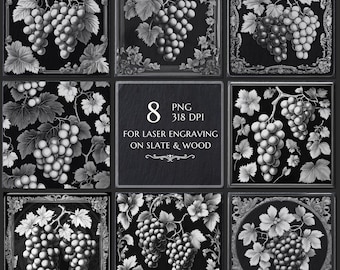 Grapes PNG Laser Engraving File, Wine Kitchen Board Laser Burn PNG, Slate Coaster Etching File, CNC Router Projects, Lightburn Ready