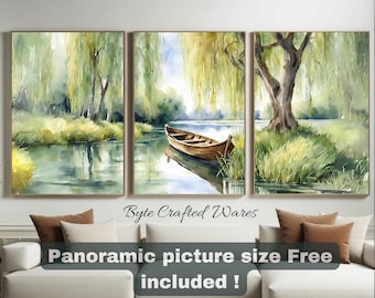 River Boat Wall Art, River Watercolor Painting,  Set of 3 Prints, River Boat Above Bed Decor, Botanical Wall Decor, Nature Lover Gift