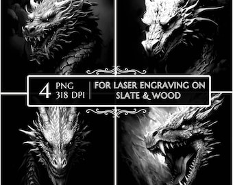 4 Dragon PNG Engraving Bundle, Fantasy Laser Burn Files, Slate Etching Design, Glowforge CNC Lightburn, 3D Illusion Laser Decor