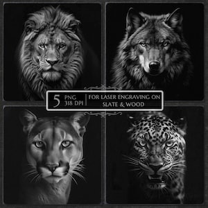 Puede incluir: Retratos en blanco y negro de un león, un lobo, un puma y un leopardo. La imagen incluye el texto "5 PNG 318 DPI FOR LASER ENGRAVING ON SLATE & WOOD."