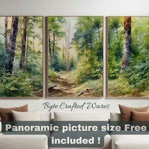 Aquarell Wald Landschaft Prints 3er-Set - Kiefer Baum Wandkunst, Natur grüne druckbare Dekoration, minimalistische Wald Malerei für Zuhause