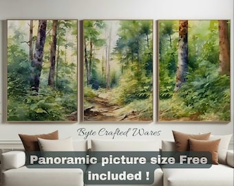Watercolor Forest Landscape Prints Set of 3 – Pine Tree Wall Art, Nature Green Printable Decor, Minimalist Forest Painting for Home