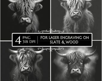 Highland Cow Laser Engraving PNG Bundle | Slate Coaster File, Glowforge LightBurn CNC, Farm Animal Gift, Rustic Farmhouse Digital Download