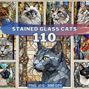 May include: A set of 10 stained glass images of cats. Each image features a different cat breed in a colourful stained glass style. The images are perfect for crafting projects, home decor, or as gifts.