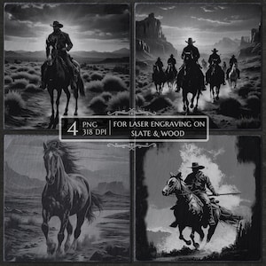 Wild West Cowboy on Horse PNG Bundle, Laser Engraving File, Slate Coaster Etching File, Western CNC Router, Glowforge Lightburn, Laser Ready