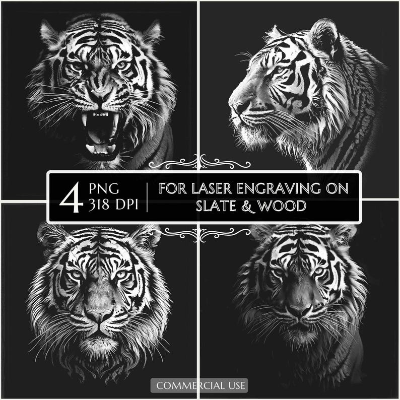 Tiger PNG Laser Ready Engraving file, Slate and Wood engraving bundle, Slate Board Coaster CNC Projects CNC Router Files Glowforge LightBurn