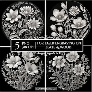 Wildflowers Laser Engraving PNG, Floral Laser Burn Design, Slate Coaster Etching File, Flowers CNC Router, Glowforge Lightburn, Laser Ready