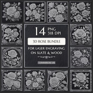 3D Rose Flower Laser Engraving PNG Bundle, Slate Coaster Etching File, Romantic Flower Laser Burn File, Glowforge, CNC Ready Floral Illusion