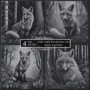 Fox in the Forest PNG, Laser Ready Engraving File, Slate Wood engraving bundle, Slate Board Coaster CNC Projects Wild animals Laser Burn PNG