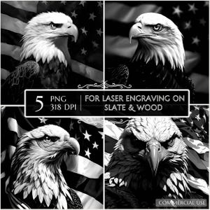 5 Patriotic Eagle PNG for Laser Engraving, American Flag Bald Eagle Designs, Slate Coaster, Wood Plaque, Glowforge, CNC, xTool, LightBurn