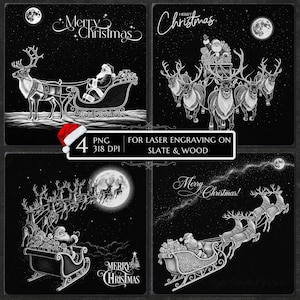 Könnte beinhalten: Vier schwarz-weiße digitale Weihnachtsdesigns. Jedes Design zeigt den Weihnachtsmann in einem von Rentieren gezogenen Schlitten, mit einem Vollmond im Hintergrund. Der Text "Merry Christmas" ist enthalten. Die Designs sind für die Lasergravur auf Schiefer und Holz.