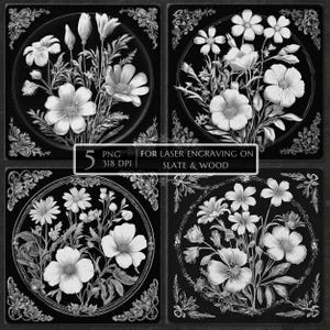 Wildflowers laser engraving png, laser burn png, slate coaster etching file, botanical floral engraving art, Glowforge xTool LightBurn CNC