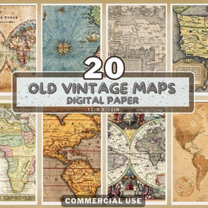 20 Old Vintage Maps Digital Paper, World Map Antique Maps, Digital Paper, Digital Backgrounds Digital Scrapbooking, Printable Paper Old Maps