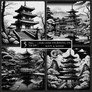 Może przedstawiać: Czarno-biała grafika cyfrowa przedstawiająca japońskie pagody, góry i sceny wodne. Obrazy są przeznaczone do grawerowania laserowego na łupku i drewnie. Tekst na obrazie brzmi: "5 PNG 318 DPI DO GRAWEROWANIA LASEROWEGO NA ŁUPKU I DREWNIE."