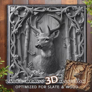 May include: A grayscale 3D illusion artwork featuring a deer in a forest setting. The deer is centered, surrounded by detailed foliage and trees, within an ornate frame. The text "LASER-READY 3D ILLUSION" and "OPTIMIZED FOR SLATE & WOOD" are visible.