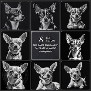 May include: Eight black and white digital images of a chihuahua dog in various poses. The images are for laser engraving on slate and wood. The text "8 PNG 318 DPI FOR LASER ENGRAVING ON SLATE & WOOD" is displayed in the center of the image.