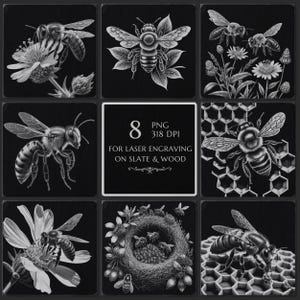 May include: A collection of eight grayscale bee-themed designs for laser engraving on slate and wood. The designs include detailed illustrations of bees, flowers, and honeycomb patterns. The text in the center reads "8 PNG 318 DPI FOR LASER ENGRAVING ON SLATE & WOOD".