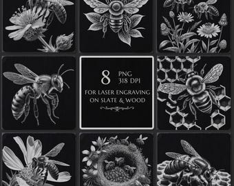 Bee - Laser Engraving Files, 8 Laser Ready PNG Designs, Honeycomb Flower Slate Coasters, Etching Files, Glowforge, Lightburn, CNC Ready file