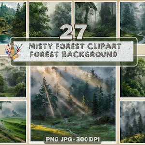 Paquete de imágenes prediseñadas de bosque brumoso: 27 paisajes de bosque en acuarela, fondos de escenas naturales, arte digital forestal para manualidades y tarjetas