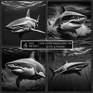 May include: Four black and white images of sharks in various poses, including swimming underwater and breaching the surface. The images are labeled "4 PNG 318 DPI" and "FOR LASER ENGRAVING ON SLATE & WOOD."