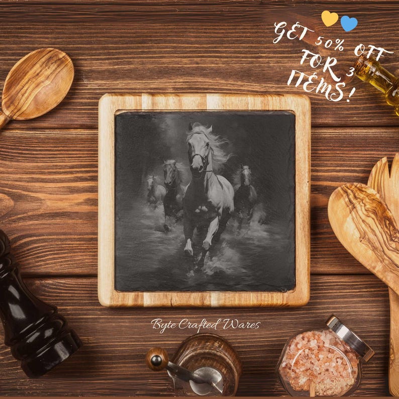 Black Night Horse PNG Laser Ready Engraving, Slate Wood Engraving bundle, Slate Board Coaster, Glowforge LightBurn CNC Projects CNC Router