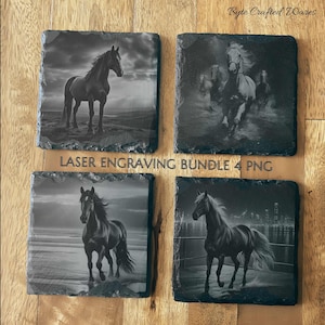 Black Night Horse PNG Laser Ready Engraving, Slate Wood Engraving bundle, Slate Board Coaster, Glowforge LightBurn CNC Projects CNC Router