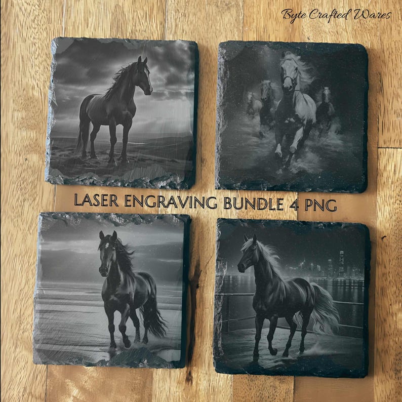 Black Night Horse PNG Laser Ready Engraving, Slate Wood Engraving bundle, Slate Board Coaster, Glowforge LightBurn CNC Projects CNC Router