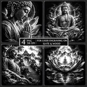Puede incluir: Un conjunto de cuatro ilustraciones digitales en blanco y negro con figuras de Buda y flores de loto, con el texto 4 PNG 318 DPI FOR LASER ENGRAVING ON SLATE & WOOD, diseñado para proyectos de grabado de alto contraste.