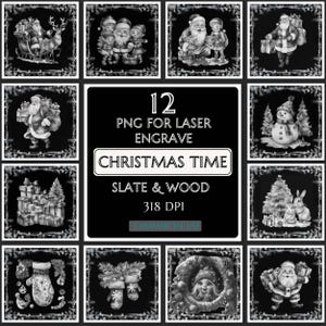 12 Bundle Christmas Time Laser Engraving Files, Laser Burn, Xmas, Santa PNG, Glowforge File, Lightburn File, Slate Coasters, Snowman, Gnome