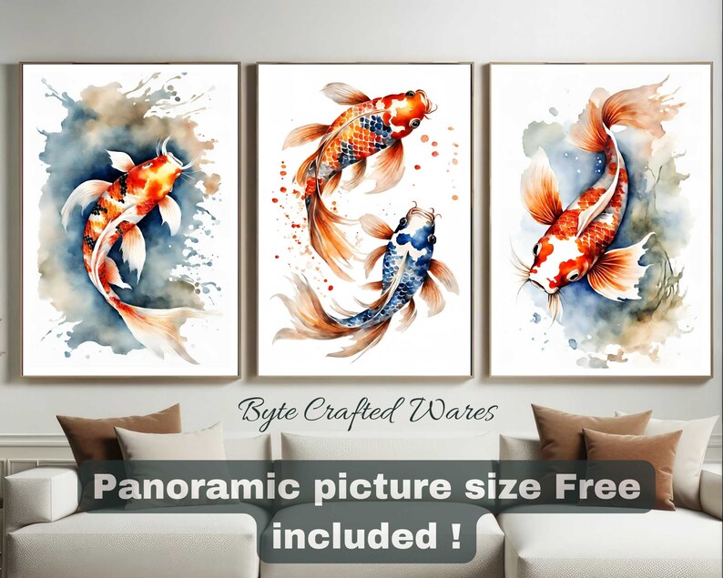 May include: Three watercolour paintings of koi fish. The fish are orange, red, and blue with white markings. The paintings are set against a white background with watercolour splatters.