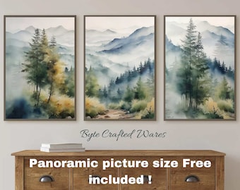 Watercolor Mountain Wall Art Set of 3, Pine Forest Landscape Printable, Modern Home Decor Triptych, 3 Piece Nature Wall Prints