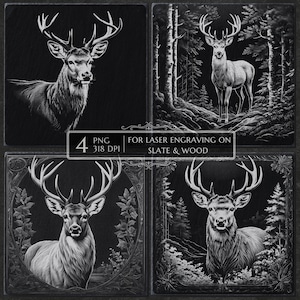 Deer PNG Laser Engraving Bundle, Moose Elk Laser Burn File, Slate Coaster Etching, CNC Router, Glowforge, Lightburn, Laser Ready png