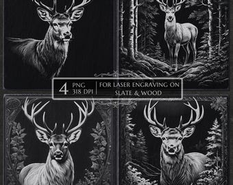 Deer PNG Laser Engraving Bundle, Moose Elk Laser Burn File, Slate Coaster Etching, CNC Router, Glowforge, Lightburn, Laser Ready png