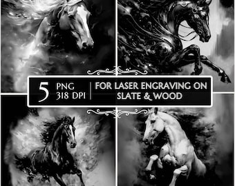 Puede incluir: Conjunto de cinco ilustraciones de caballos en blanco y negro, perfectas para grabar con láser en madera o pizarra. Las imágenes son de alta resolución, 318 DPI, y están disponibles para uso comercial.