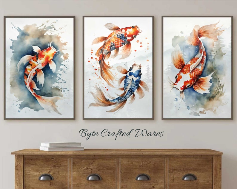Watercolor Koi Fish Print - Set of 3 Prints - Koi Wall Art - Printable Japanese Print - Koi Fish Painting - Fish Poster - Zen art