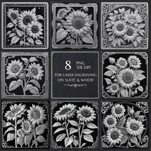 3D Sunflower Laser Engraving PNG File, Floral Illusion, Slate Wood Coaster Engrave, Sunflower Gift Idea, Glowforge LightBurn Xtool, bundle