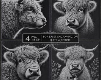 Highland Cow PNG For Laser Engraving Files, Highland Cattle Slate Animal Coaster, Laser Burn PNG, Glowforge CNC, Cow Lover Gift