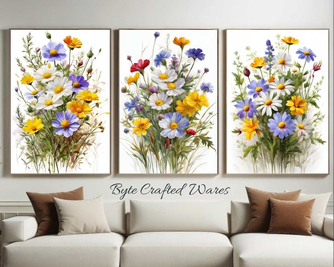 Colorful Wildflower Art Set of 3 Flower Art Modern Floral Prints ...